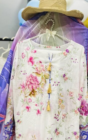 Embroidered-White-lawn-dress-with-light-purple-doppatta-and-white-trousers